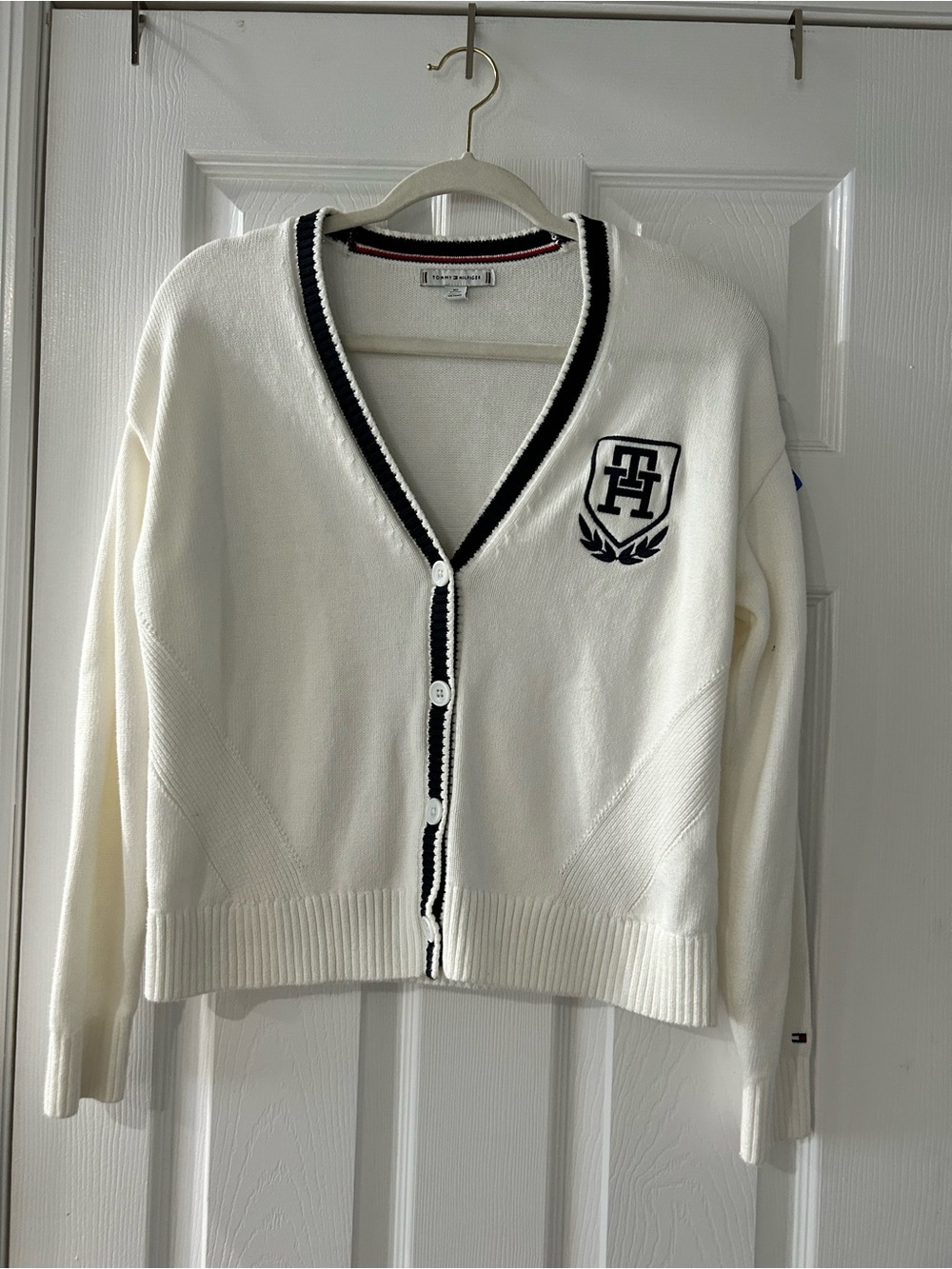 Tommy Hilfiger Cream Cardigan with Navy Trim and Crest